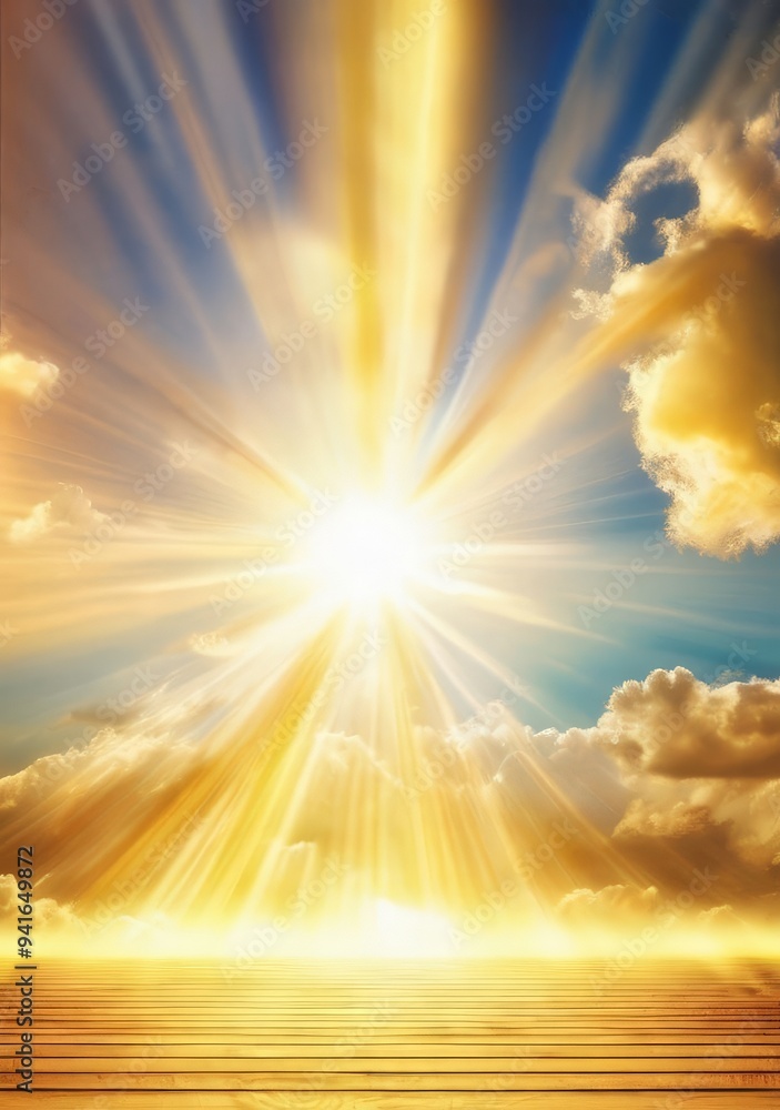 Wall mural blue sky background with tiny clouds and sun rays. copy space.