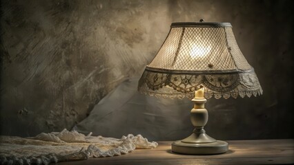 A Vintage Lamp with a Lace Shade on a Wooden Surface