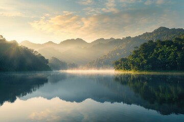 Fototapeta premium Sunset Over Lake With Mountains