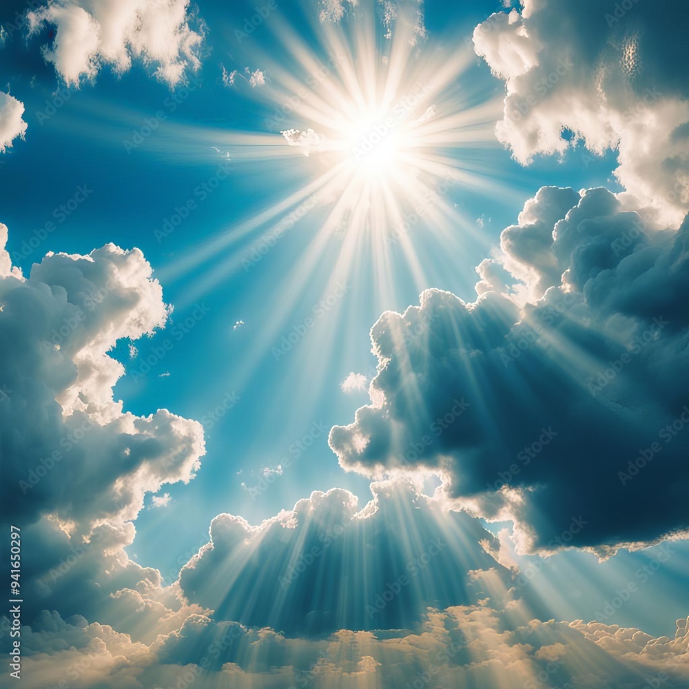 Wall mural blue sky background with tiny clouds and sun rays. copy space.