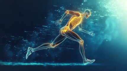 Digital anatomy of human skeleton running, showcasing muscular and skeletal structure in motion, concept of biomechanics