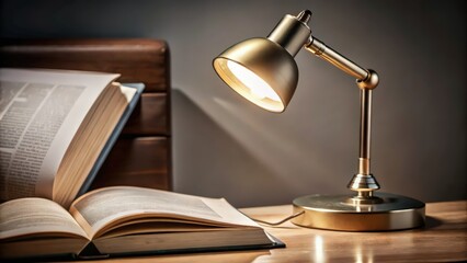 Golden Desk Lamp Illuminating Open Book on Wooden Table