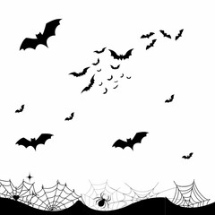 Seamless Halloween pattern with white background, flying bats, and spooky spider webs, perfect for eerie decorations, party designs, and festive Halloween projects.