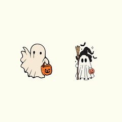 Seamless Happy Halloween pattern featuring two cute, playful ghosts, perfect for festive decorations, children's designs, party themes, and spooky seasonal projects.