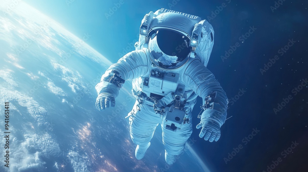 Poster a 3d rendering of an astronaut suspended in the stratosphere, surrounded by the deep blue atmosphere