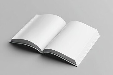 White open book mockup on a gray background, 3D rendering of a blank magazine or comic book with empty pages. Created with Ai