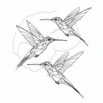 recommend clip art: Modern abstract line drawing of hummingbirds, featuring sleek colibri birds as wall art design icons, isolated on white background