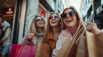 Fototapeta premium Three cheerful young women, carrying shopping bags and wearing sunglasses, are having a great time at a shopping mall, reflecting the essence of friendship and enjoyment during a shopping outing