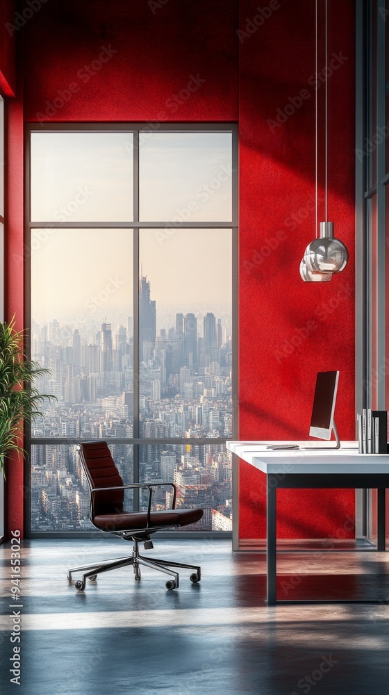 Poster a red room with a large window overlooking a city