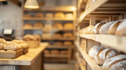 Obraz premium Abstract blur of a rustic bakery with wooden shelves filled with fresh loaves