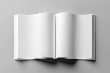 Open magazine mockup, with white blank pages on a gray background. High-resolution, high-detail, ultra-realistic photography. Created with Ai