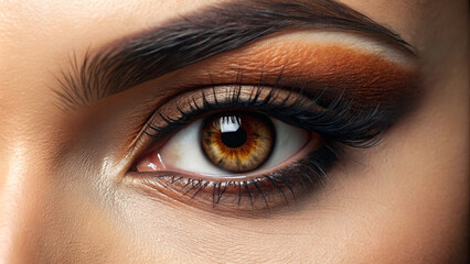 Fototapeta premium Female eye with brown eyeshadow, stylish glamorous makeup close-up.