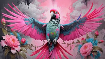 Obraz premium blue and yellow parrot on pink created with generative AI software