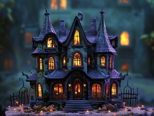 Spooky Haunted Mansion Halloween Card in Claymation Style with Anime Accents