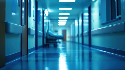 Obraz premium A hospital hallway at night, the distant sound of footsteps echoing, background blurry