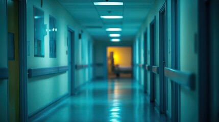 A hospital hallway with a faint glow from a distant room, night setting, background unfocused