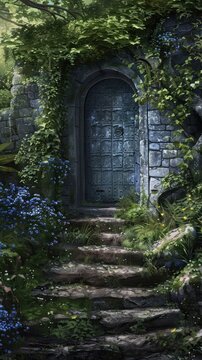 Stone steps leading to a weathered door hidden in a lush forest.