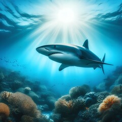 Fototapeta premium A shark swimming in the blue sea where the sunlight melts.