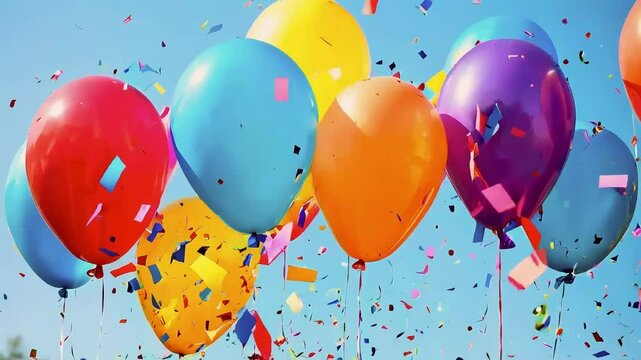 Colorful balloons floating against a blue sky with confetti falling.