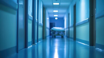 A nighttime hospital corridor with an unfocused stretcher in the background
