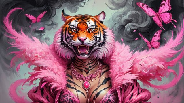 toger on pink  in the forest created with generative AI software