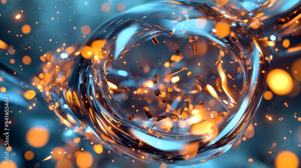 Poster a mesmerizing abstract image of a swirling blue sphere with orange sparkles. the sphere appears to b
