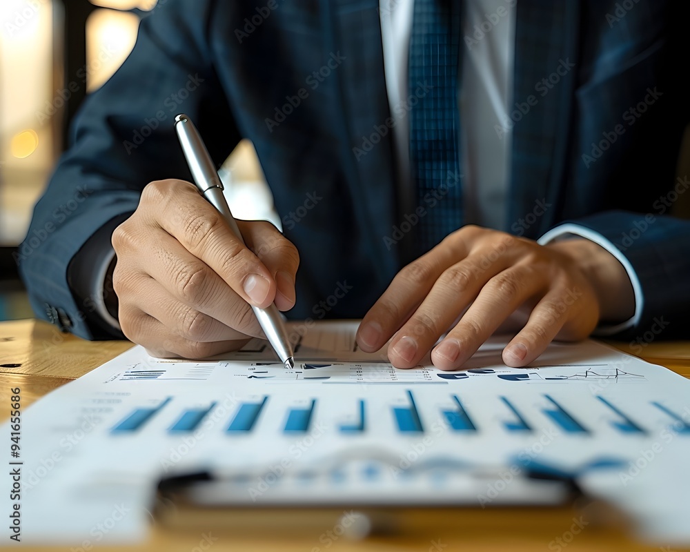 Poster financial advisor analyzing digital charts and graphs in professional setting