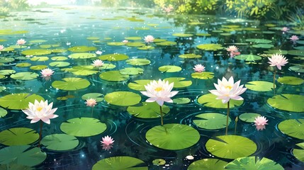 A peaceful background featuring a serene lotus pond with blooming water lilies, creating a tranquil atmosphere with reflections and calm water, ideal for relaxation.
