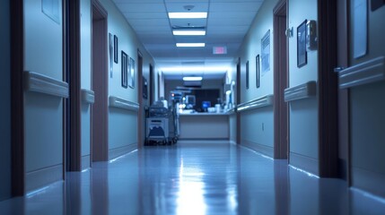 A quiet hospital hallway, night shift, with a nurse s station unfocused in the background