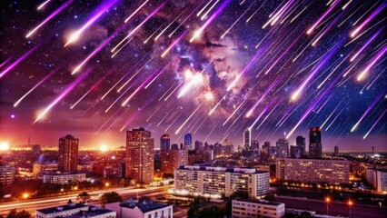 Obraz premium Night Sky Over City with Numerous Falling Stars