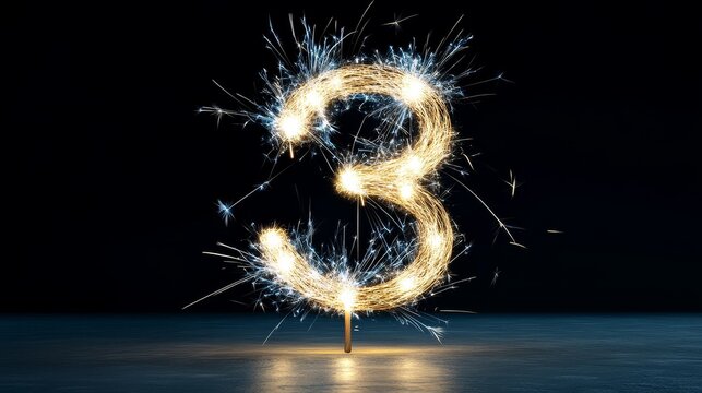 A mesmerizing number three shaped from sparkling fireworks against a dark background. The image symbolizes celebration, joy, and the passing of time, making it perfect for birthday, anniversary, or sp