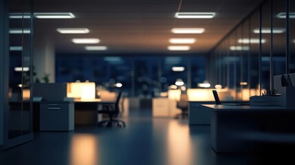 Blurred perspective of a quiet office at night, with the soft glow of ambient lights