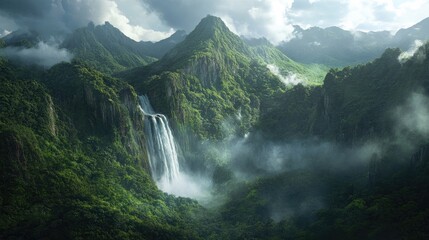 Fototapeta premium A powerful waterfall tumbles through lush mountains, with mist rising into the vibrant greenery of a dense rainforest. The scene captures the awe of nature's scale.