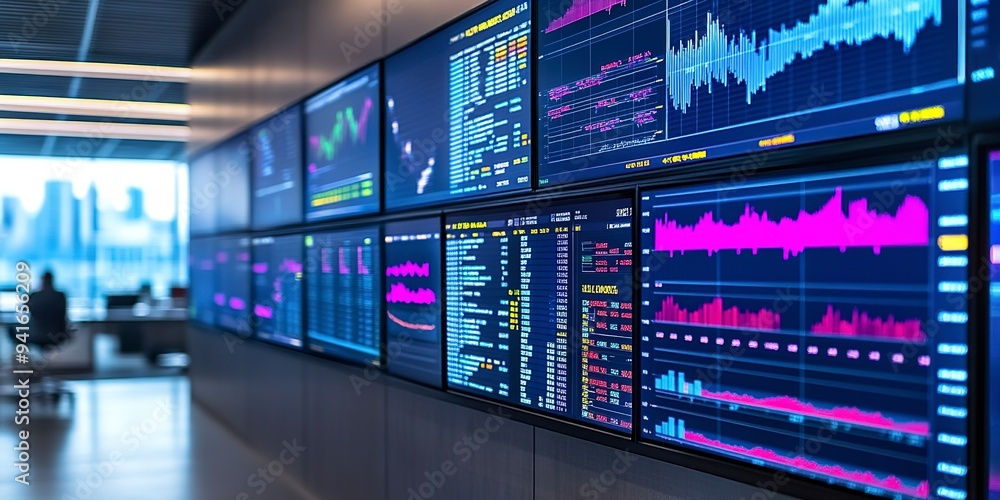 Poster trading floor with financial market data on multiple screens displaying real-time financial market d