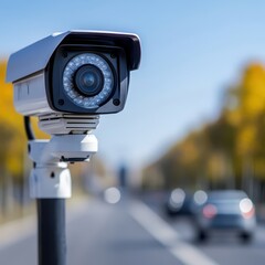 High-definition security camera monitoring traffic on a city street during the day, capturing clear and detailed footage.
