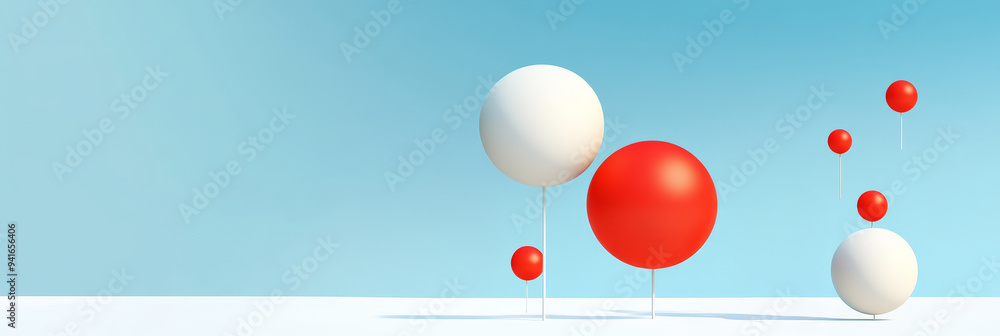 Poster a minimalist banner design featuring red and white spheres on a blue background. the spheres are arr