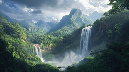 A powerful waterfall tumbles through lush mountains, with mist rising into the vibrant greenery of a dense rainforest. The scene captures the awe of nature's scale.