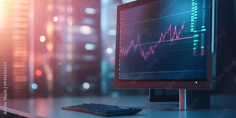 Poster a minimalist yet powerful stock market chart on a high-quality computer monitor, emphasizing simplic