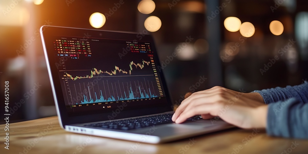 Poster a laptop displaying a stock market graph. scene is serious and focused, as the person using the lapt
