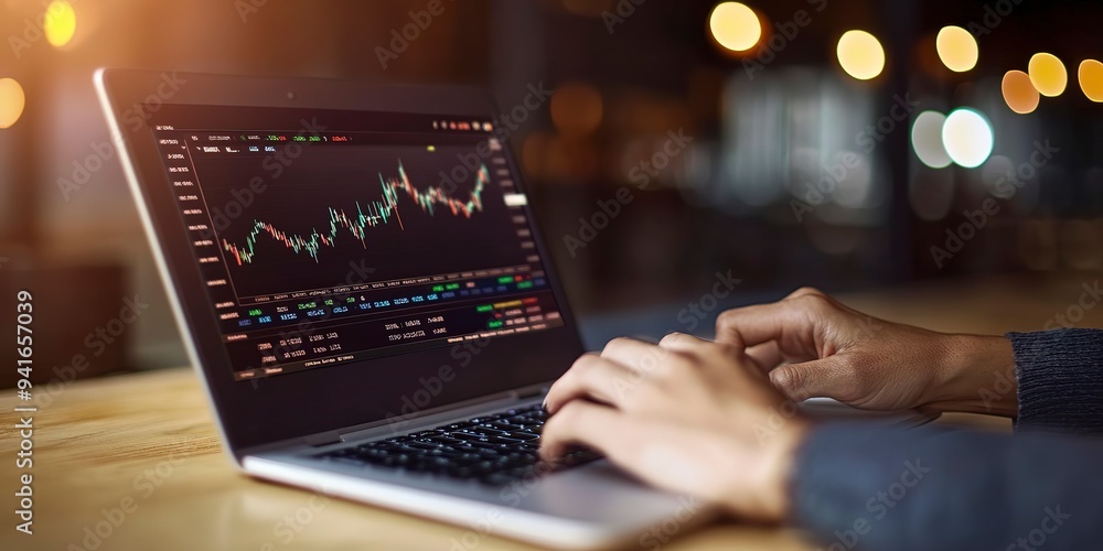 Poster a laptop displaying a stock market graph. scene is serious and focused, as the person using the lapt