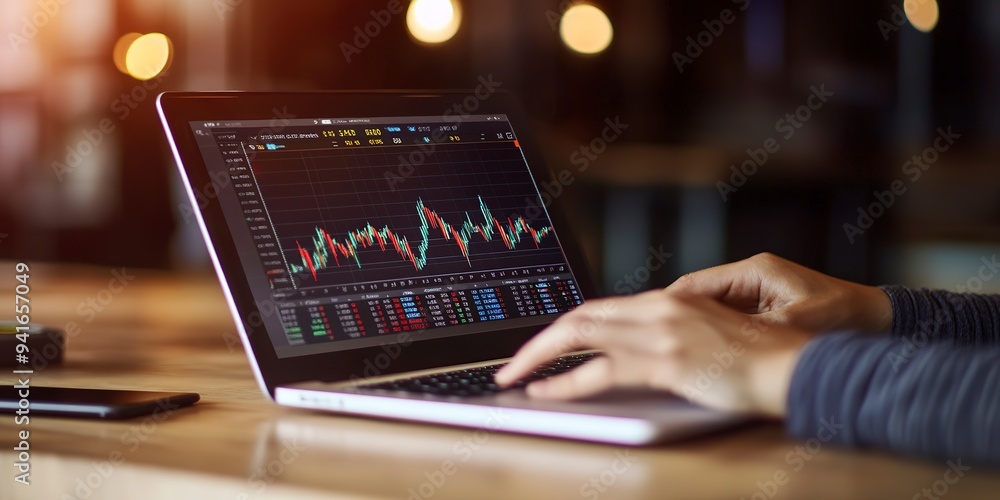 Poster a laptop displaying a stock market graph. scene is serious and focused, as the person using the lapt