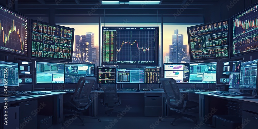 Poster empty in stock exchange a technologically advanced office with multiple computer screens with real-t