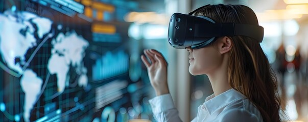 Businesswoman using Virtual Reality for Financial Planning in Futuristic Office
