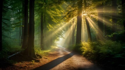 Magic forest with sunbeams through the trees. Panoramic image