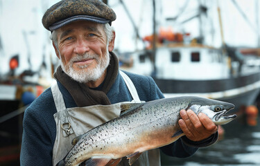 Senior fisherman holding a fresh salmon at harbor. Generative AI image