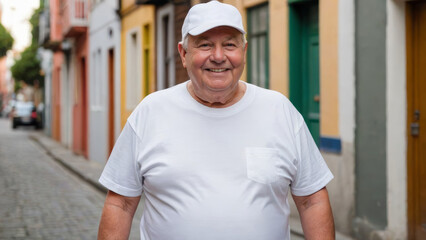 Plus size senior man wearing white t-shirt and white baseball cap standing in a city alley