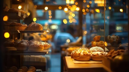 Fototapeta premium Warm, inviting blur of a bakery with a soft, dreamy glow from the lights