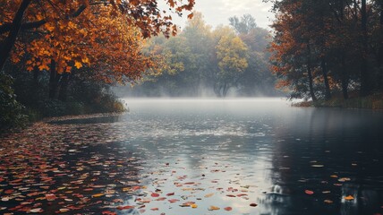 Calm autumn lake view with colorful leaves floating on water, surrounded by trees in their vibrant fall hues, with misty morning light creating a peaceful, magical feel