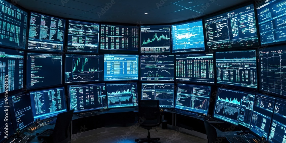 Poster trading floor with financial market data on multiple screens displaying real-time financial market d
