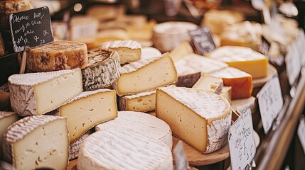 Fototapeta premium A close-up of a cheese market stall with an array of cheeses on display, while the background fades into a soft blur,